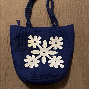 Quilted Navy Tote with White Floral Appliqué